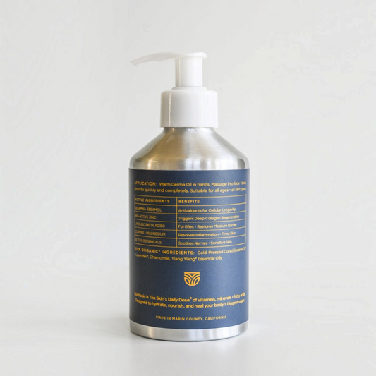 Back label of Boditonic Calming Derma Oil 250 ml bottle showing ingredients and directions