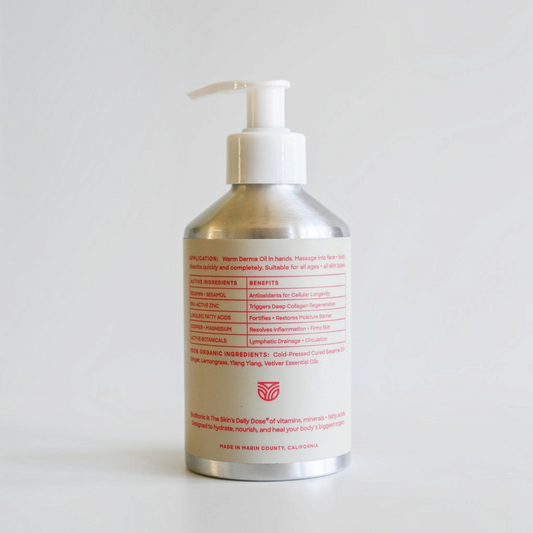 Back label of Boditonic Energizing Derma Oil 250 ml bottle showing ingredients and directions