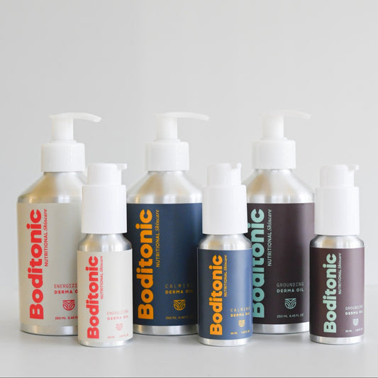 The Full Circuit: Boditonic Energizing, Calming and Grounding Derma Oils in 250 ml and 50 ml aluminum pump bottles