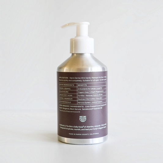 Back label of Boditonic Grounding Derma Oil 250 ml bottle showing ingredients and directions