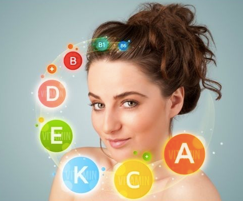 Woman with healthy skin surrounded by picture of vitamins included in Boditonic