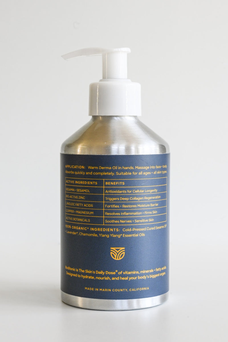 Back label of Boditonic Calming Derma Oil 250 ml bottle showing ingredients and directions